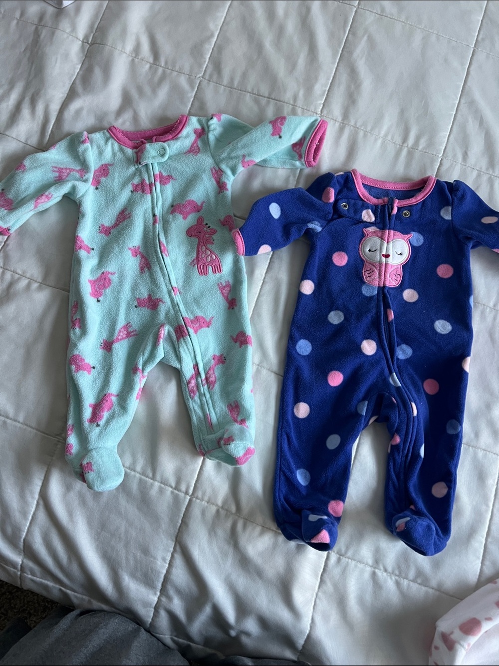 child of mine Mint Giraffe Footie & Navy Polka Dot Footie with Pink Trim